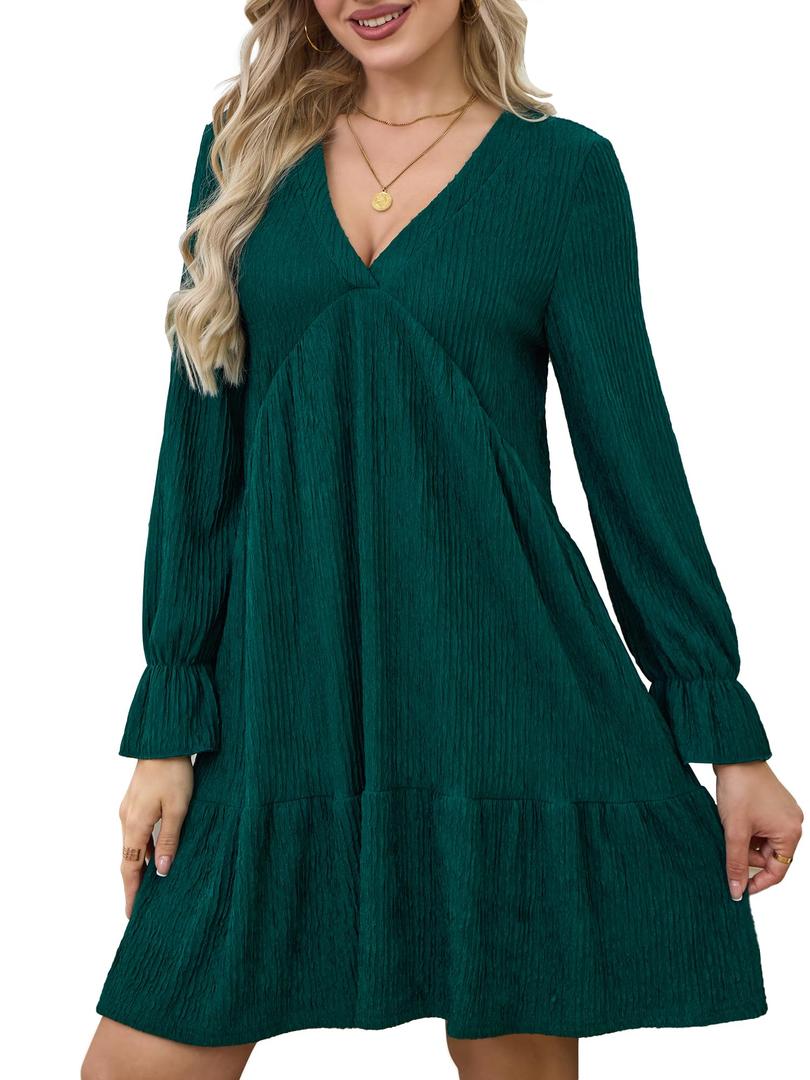 Women's Fall Long-Sleeve Mini Dress Elegant V-Neck with Ruffled Hem Wedding Guest Dresses Size XL