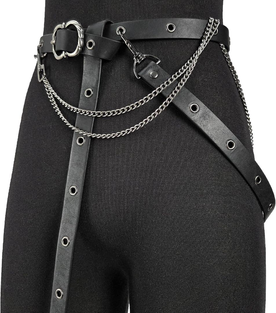 HiiFeuer Medieval DIY Faux Leather Metal Chain Belt, Vintage Adjustable Thin Belt For Women, Retro Skinny Belt For Dresses