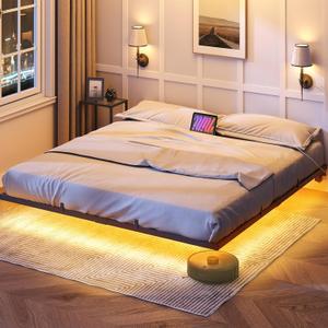 HOOBRO Floating Bed Frame King Size, Bed Frame with Charging Station and LED Lights, Industrial Style Metal Platform King Bed, Soundless, No Box Springs Needed, Black