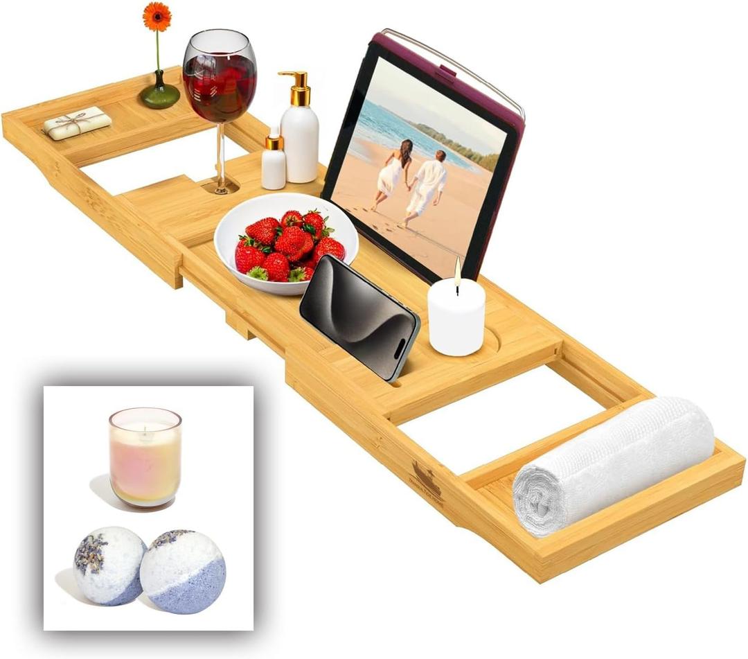 Foldable Bathtub Tray Expandable to 109cm with Bath Bomb and Scented Candle, Adjustable, Waterproof Bamboo Bathtub Caddy with Anti Slip Grip Pads for Home Spa