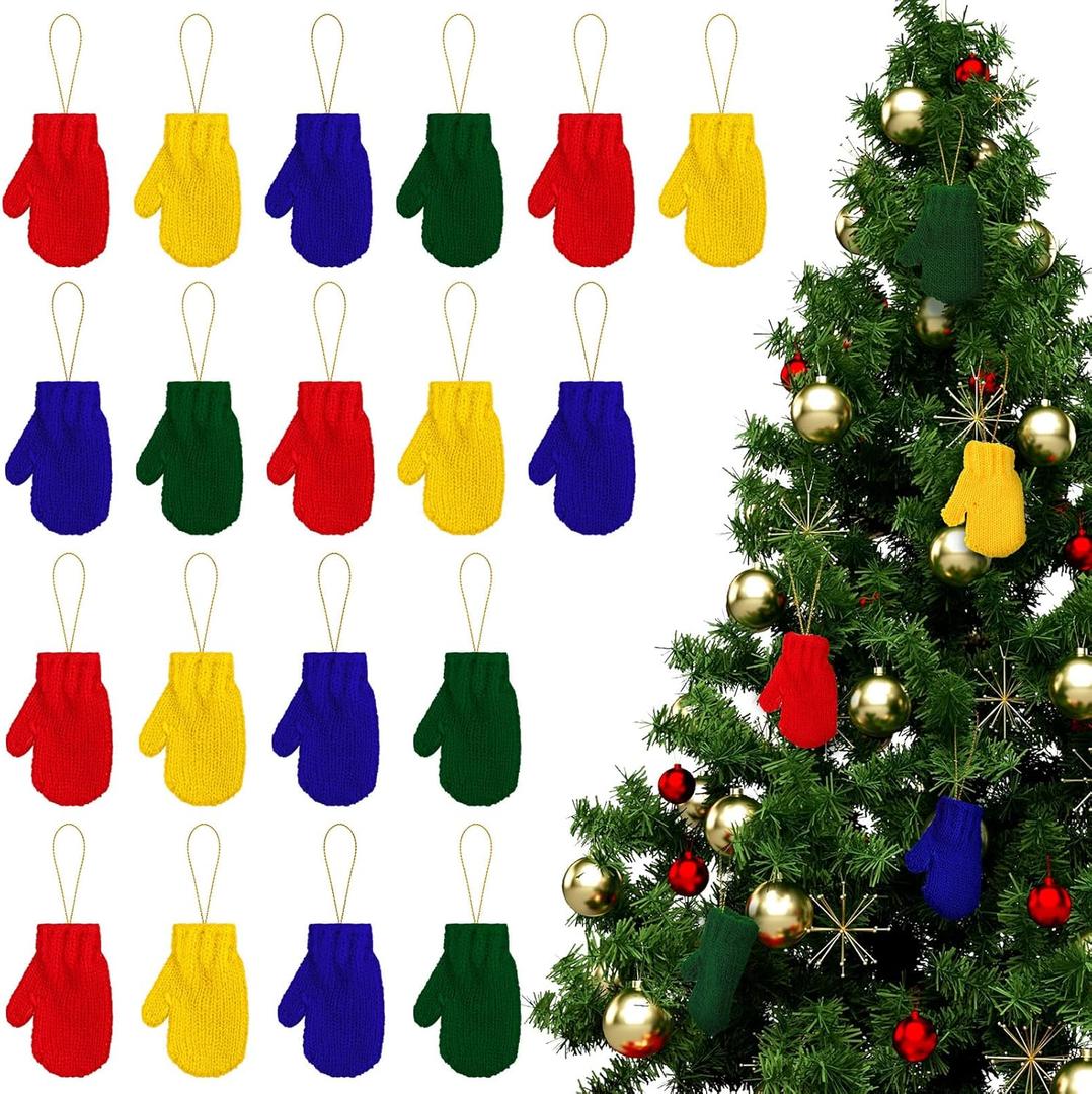 24 Pcs Mini Christmas Tree Ornaments Gloves Christmas Hanging Decor Handmade Wool Gloves Decorations Small Xmas Tree Stuffed Ornament for Christmas Tree Party Holiday (Green, Blue, Yellow, Red)