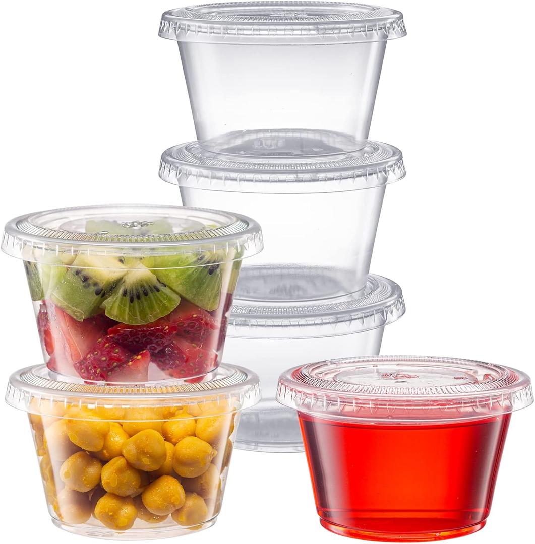 Pantry Value [4 oz. - 100 Count Clear Disposable Plastic Portion Cups with Lids - Small Plastic Condiment Containers for Sauce, Salad Dressings & Portion Control