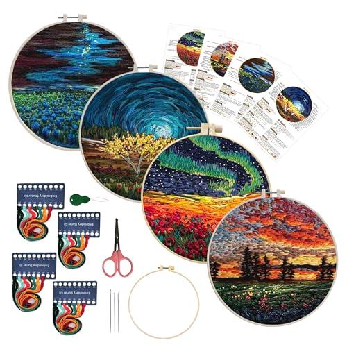 Maydear 4 Pack Embroidery Starter Kit with Pattern, Stamped Cross Stitch Kits for Beginners Adults with Embroidery Hoop and Instructions, Hand Embroidery Kit (Embroidery kKit Flower2)