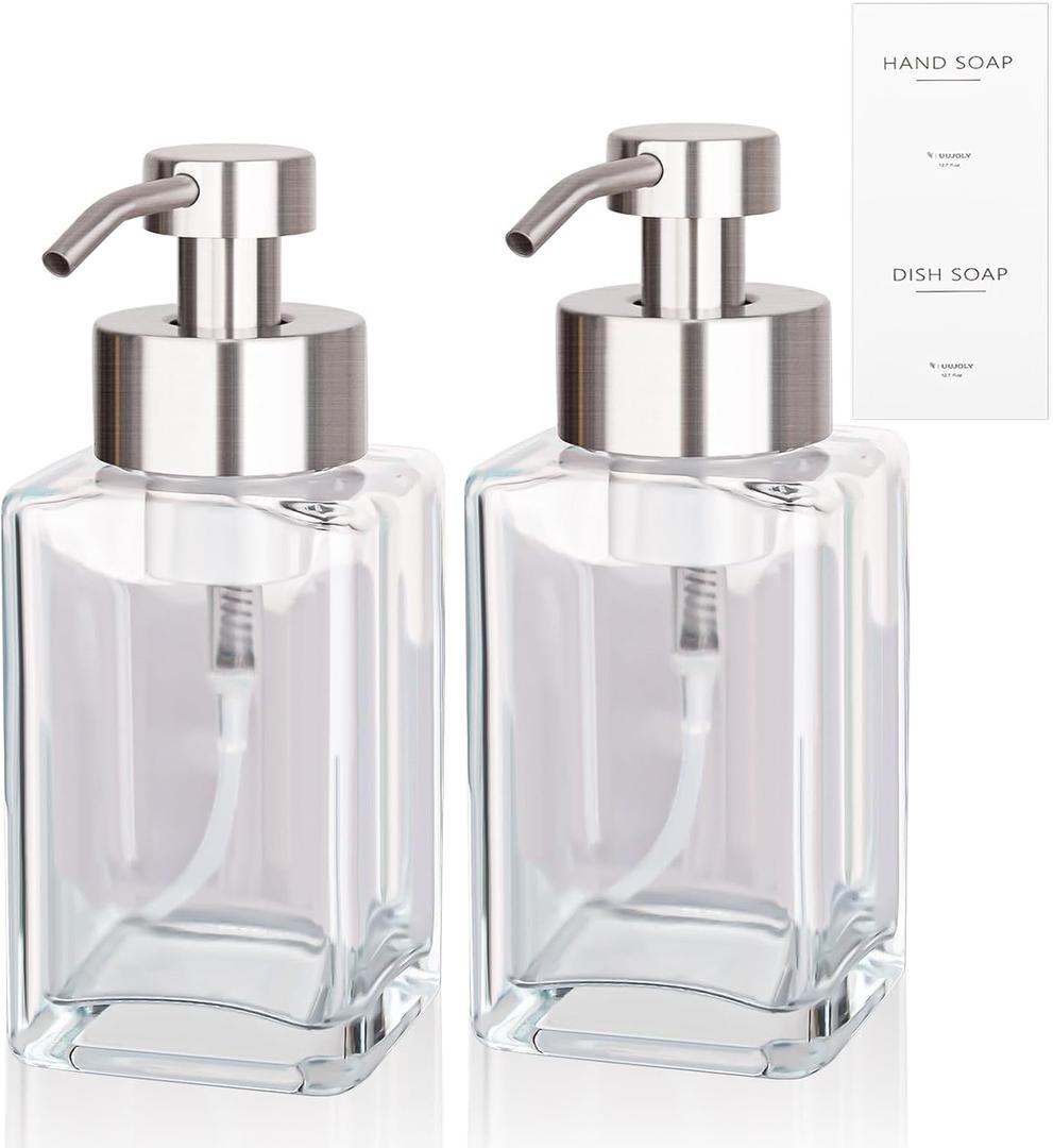 Foaming Soap Dispenser with Stainless Steel Pump, 12oz Refillable Glass Liquid Dish Soap Bottles for Bathroom, Kitchen Sink, Home Decor, 2 Pack