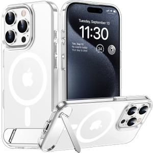 Temdan Magnetic Compatible with iPhone 15 Pro Max Case, [Built-in Invisible Kickstand][Compatible with MagSafe] [Military Grade Shockproof] Slim Thin Phone Case for iPhone 15 Pro Max 6.7"  Clear-Stand
