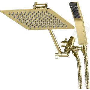 G-Promise All Metal 10" Dual Square Shower Head Combo | Rain Shower Head | Handheld Shower Wand | Adjustable | 3-Way Diverter | 71" Extra Long Hose - A Bathroom Upgrade (Polished Brass)