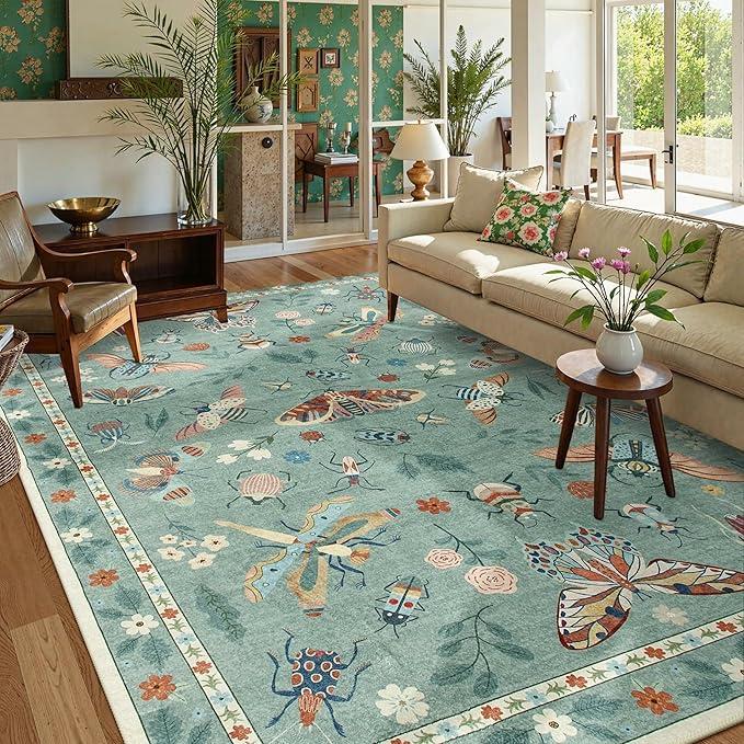 Lahome Insect Washable Area Rugs 5x7, Soft Green Rug for Living Room Bedroom Ultra-Thin Non-Shedding, Modern Throw Large Carpet for Dining Room Nursery Vionnet(5'x7',Green)