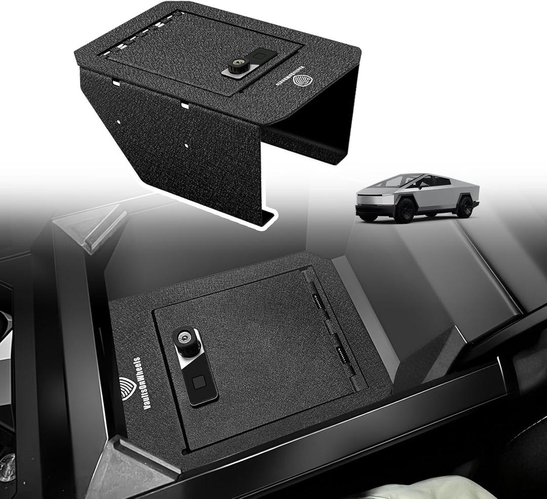 VaultsOnWheels for 2025 2024 Tesla Cybertruck Center Console Safe Gun Safe Vault Hidden Console Storage LockBox Anti-Theft Pry-Proof High Security Biometric Fingerprint Lock