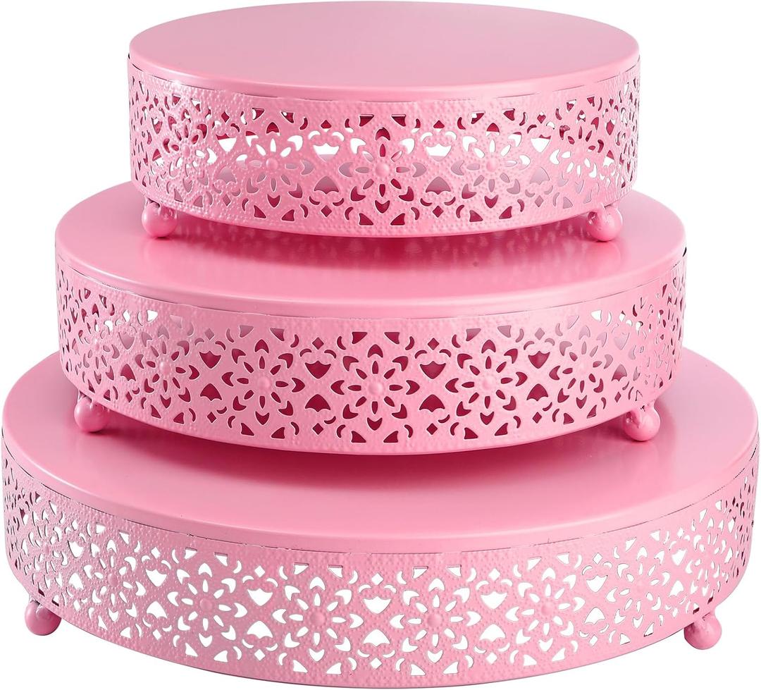 Hedume 3-Piece Metal Cake Stand Set, Pink Round Cake Stand, Dessert Cupcake Pastry Candy Display Plate for Wedding, Birthday Party, Event