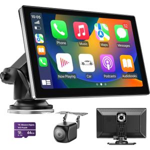 9" Wireless Apple Carplay Screen for Car, Portable Car Play Screen for Car & Android Auto, 4K Dash Cam, 1080p Backup Camera, GPS Navigation, Car Audio Receivers Mirror Link, Bluetooth, FM, Siri