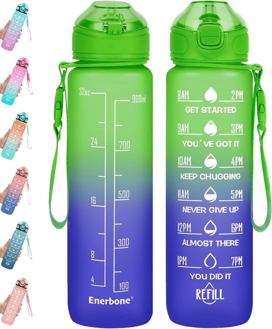 Enerbone 32 oz Water Bottle with Times to Drink and Straw, Motivational Drinking Water Bottles with Carrying Strap, Leakproof BPA & Toxic Free, Ensure You Drink Enough Water for Fitness Gym Outdoor (Giant)