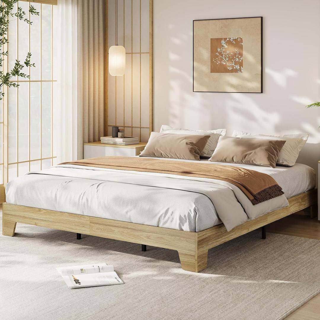 GarveeHome King Size Platform Bed Frame, Minimalist Wood Bed Frame No Headboard Needed, Sturdy Low Profile Bed with Natural Wood Grain, Noise-Free & Easy Assembly (Oak)