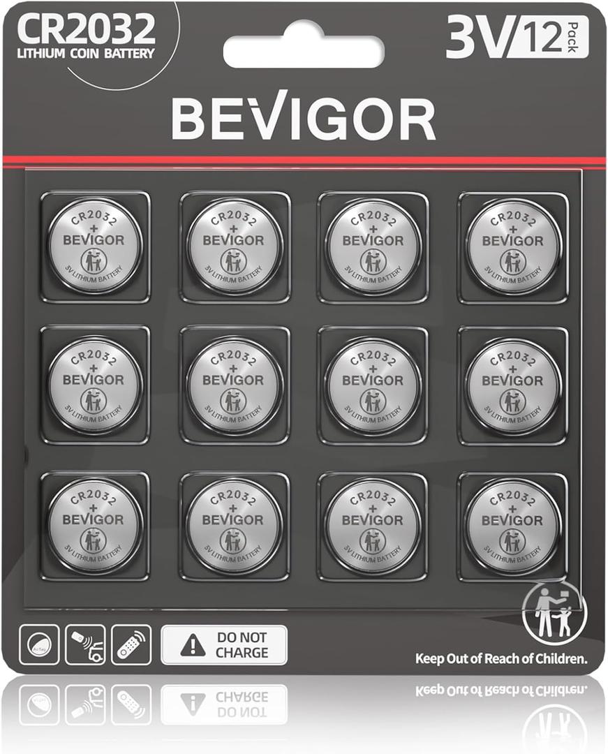 3 x BEVIGOR 2032 Battery Compatible with AirTag CR2032 Lithium 3V Coin Battery for Child Safety, Suitable for Key Fobs, Smart Sensors, Scales, Candles and More (CR2032-12P)