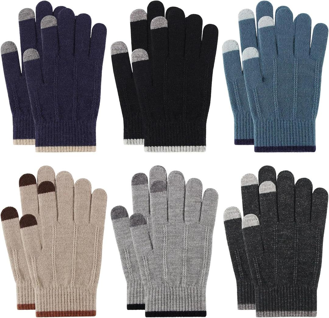6 Pairs Kids Gloves Full Fingers Knit Gloves Children Stretchy Winter Warm Mittens for Boys (Black/Dark Grey/Light Grey/Navy/Blue/Beige)
