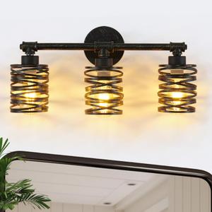Industrial Bathroom Vanity Lights, 3-Light Brushed Bronze Wall Sconce with Metal Cage, Bathroom Sconces Wall Lighting, Farmhouse Walls Light Fixture Over Mirror Cabinet Dressing Table