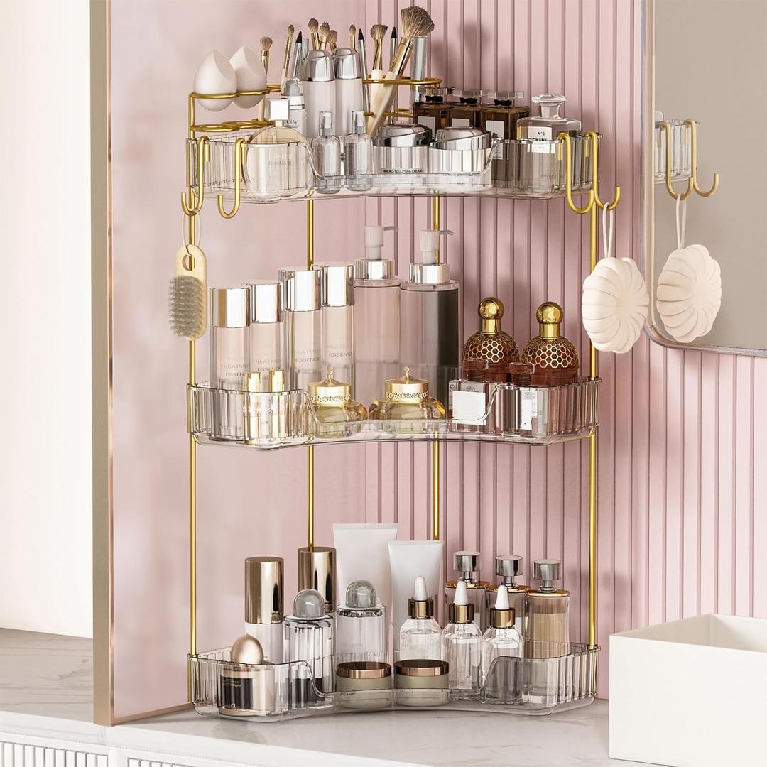 3-Tier Corner Bathroom Counter OrganizerMakeup & Skincare Shelf with Built-in Brush HolderSpace-Saving Bathroom Countertop Organizer for Skincare, Perfume, Cosmetics(Clear)