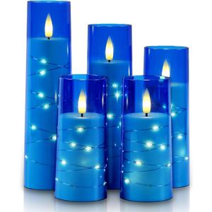 Raycare Flameless Candle with Remote Timer  5 Flickering Acrylic Battery Operated LED Pillar Candles with Embedded Star String for Christmas, Home Decor, and as a Gift(Blue)