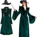 Takuvan Professor Witch Costume Adult Women Dark Green Velvet Dress Wizard Plus Size Costumes Outfit for Halloween Cosplay.M
