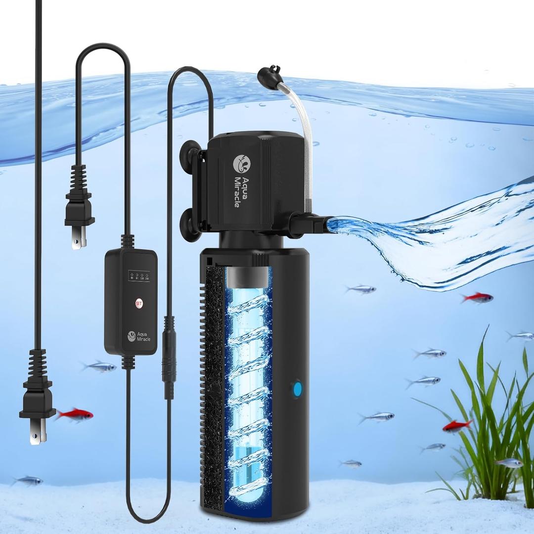 AquaMiracle Fish Tank Filter with Timer & Filter Sponge, 225GPH U - V Aquarium Filter with Aeration & Rainfall Modes, Effective Turtle Filter for Green Water Control (20-70 Gal Tank)