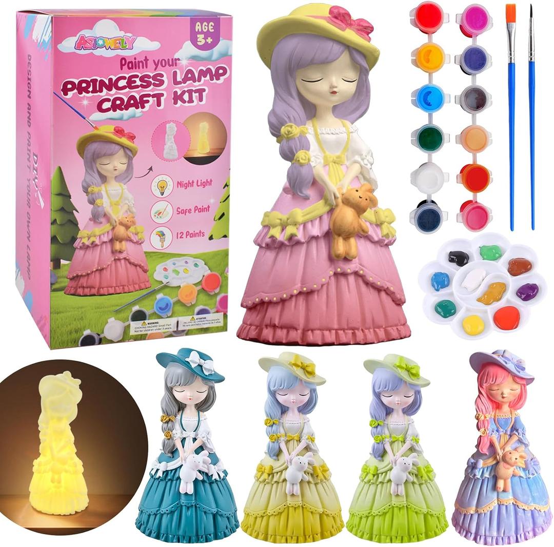 ASIOWELY Arts and Crafts DIY Paint Your Own Princess Lamp Kit for Girls Toy | Arts Supplies for Kids Toys Ages 4-6-8-12,Night Light Painting for Girl 5-10,Birthday Christmas Toy Gifts for 3-12+ Years Old