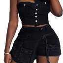 Molilove Women's Denim 2 Piece Outfits Button Tube Top and Cargo Shorts with Pockets Summer Sexy Jeans Shorts Set Tracksuits (Black), L