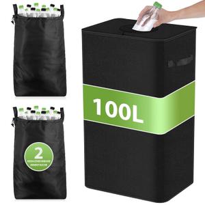 Recycle Bins for Kitchen 26 Gallon, 100L Indoor Recycling Bin with Lid & 2 Removable Reusable Inner Bag, Trash and Recycle Bin Combo for Bottle Can Paper, Black