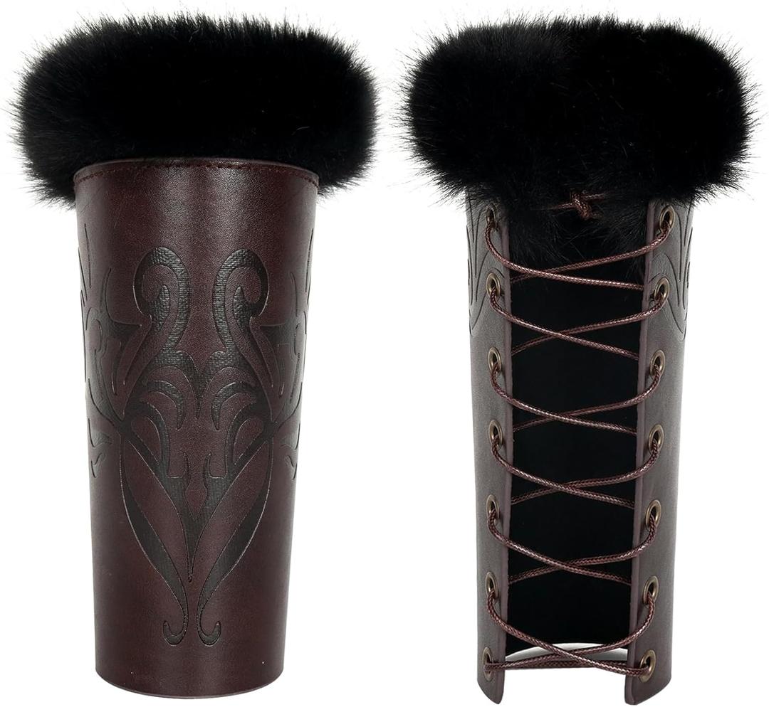 Joukavor Faux Fur Viking Leather Bracers Medieval Arm Guards Gauntlets Wristbands for Women Men LARP Accessories, One Pair