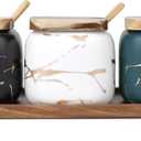 Dicunoy 3 Pack Ceramic Salt and Sugar Container, Condiment Jars with Lids and Spoons, Marble Seasoning Spice Pots Bowl, Pepper Sellar with Wooden Tray for Serving, Counter, Home, Kitchen