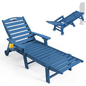 Lounge Chair Outdoor, Oversized Chaise Lounge Chair with 5 Positions, HDPE, Patio Lounge Chair with Wheels & Cup Holder for Pool, Deck, Poolside, Azure Blue (Wheels-1Pack, Navy Blue)