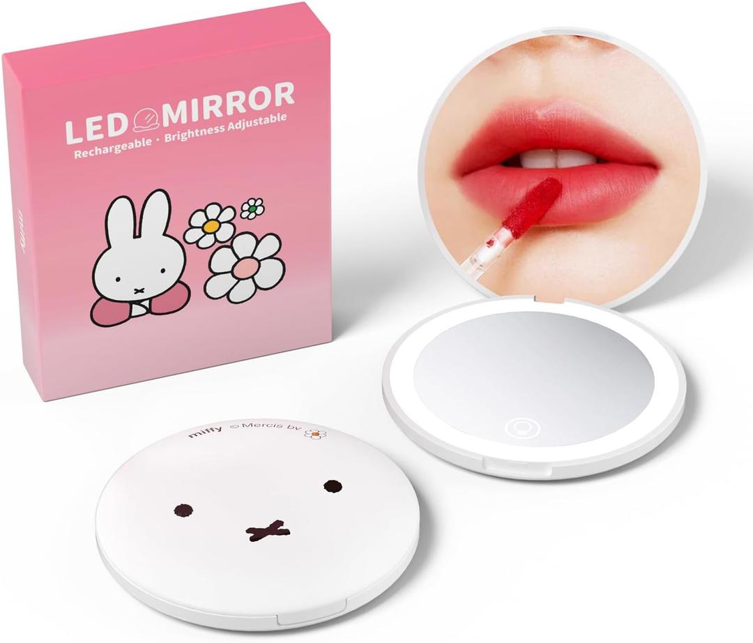 Miffy Handheld LED Makeup Mirror, Foldable 2-Side 1x/10x Magnification,Pocket Small Lighted Mirror for Travel, Face Shape (White)
