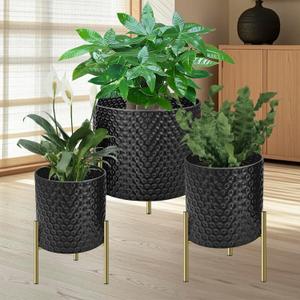 3 Pack Planter Pots with Stand and Drainage Holes, 8/10/12 Inch Indoor/Outdoor Plant Pots, Lightweight Durable Flower Pots for Herbs, Succulents, Modern Home Decor (Black D1)