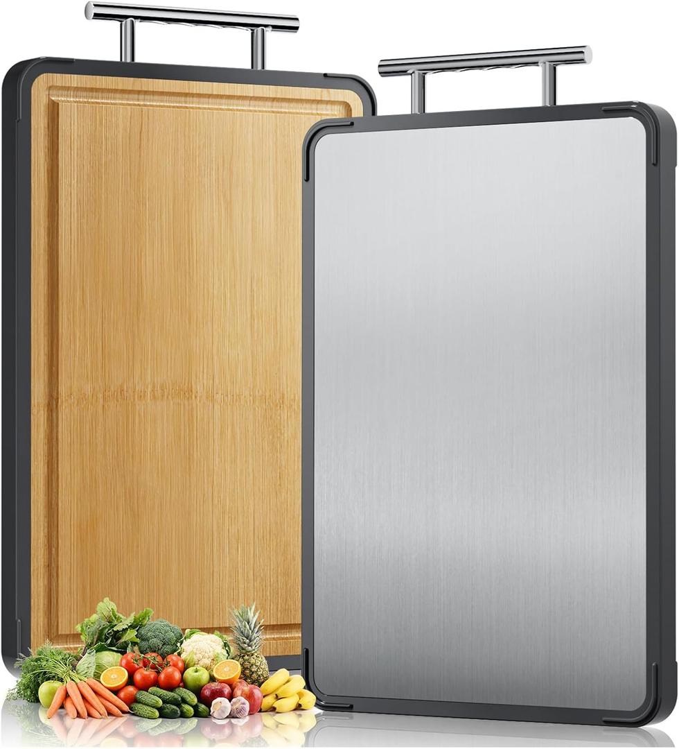 Titanium Bamboo Cutting Board for Kitchen, Double Sided Cutting Board, Titanium Cutting Board & Bamboo Wood Chopping Board, Reversible Cutting Board for Meat Vegetables Fruit, Easy to Clean (16x11)