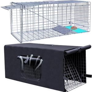 Live Animal Trap Cage with Cover, Cat Trap for Stray Cats 32 Inch Heavy Duty Folding Skunk Traps with Real Door for Raccoons, Opossums, Groundhogs, Skunks, Feral Cats, Squirrels- (32 x 10 x 12 inches)