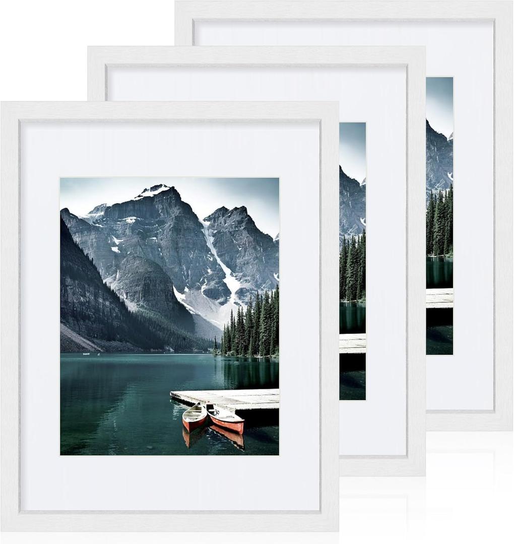 Hongkee 11x14 Picture Frames set of 3, Made of Glass and White Wooden Photo frame - Displays 8x10 Picture with Mat or 11 x 14 Poster without Mat, Wall Collage Frame set