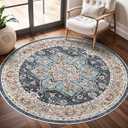 TOPRUUG Washable Oriental Area Rug - 4ft Round Rugs for Living Room Soft Carpet for Bedroom Waterproof Floral Distressed Indoor Stain Resistant Non-Shedding Floor Carpets (Blue/ Teal/ Orange, 4ft-Round)