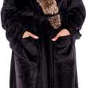 Silver Lilly Premium Womens Robe with Shawl Collar, Plush Bath Robe for Women, Fluffy, Warm, Fleece Women's Bathrobe (Large-X-Large, Black Faux Fur)