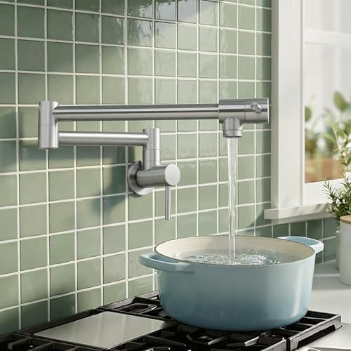 KES Kitchen Pot Filler Folding Faucet Brass Double Joint Swing Arm Sink Faucet Articulating Wall Mount Two Handle Brushed Nickel, KN926LFF18-BN