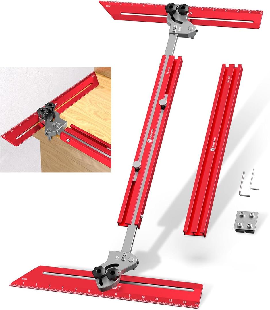 Portable Stair Tread Template Tool, Simple Assembly Stair Measuring Tool, Adjustable Bar Length from 23" to 64.2", Precision Stair Tread Jig with Dual Knobs and Stop Pins, 14" Pivoting Scale (Red)