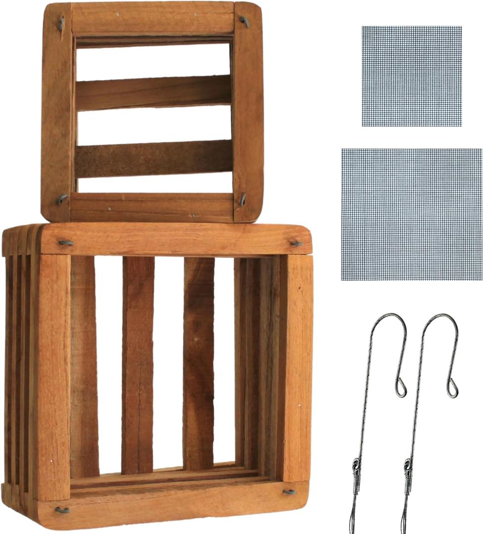 Set of 2 Wooden Orchid Baskets with Hangers, Hanging Vanda Baskets for Outside