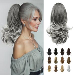 SOFEIYAN 13" Ponytail Extension Long Curly Ponytail Clip in Claw Hair Extension Natural Looking Synthetic Hairpiece for Women, Salt and Pepper
