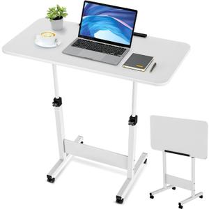 Tiltable Standing Desk Adjustable Height, Portable Foldable Desk with Wheels, Small Rolling Laptop Table, Mobile Sit Stand Computer Desk for Walking Pad, Bike Trainer, White