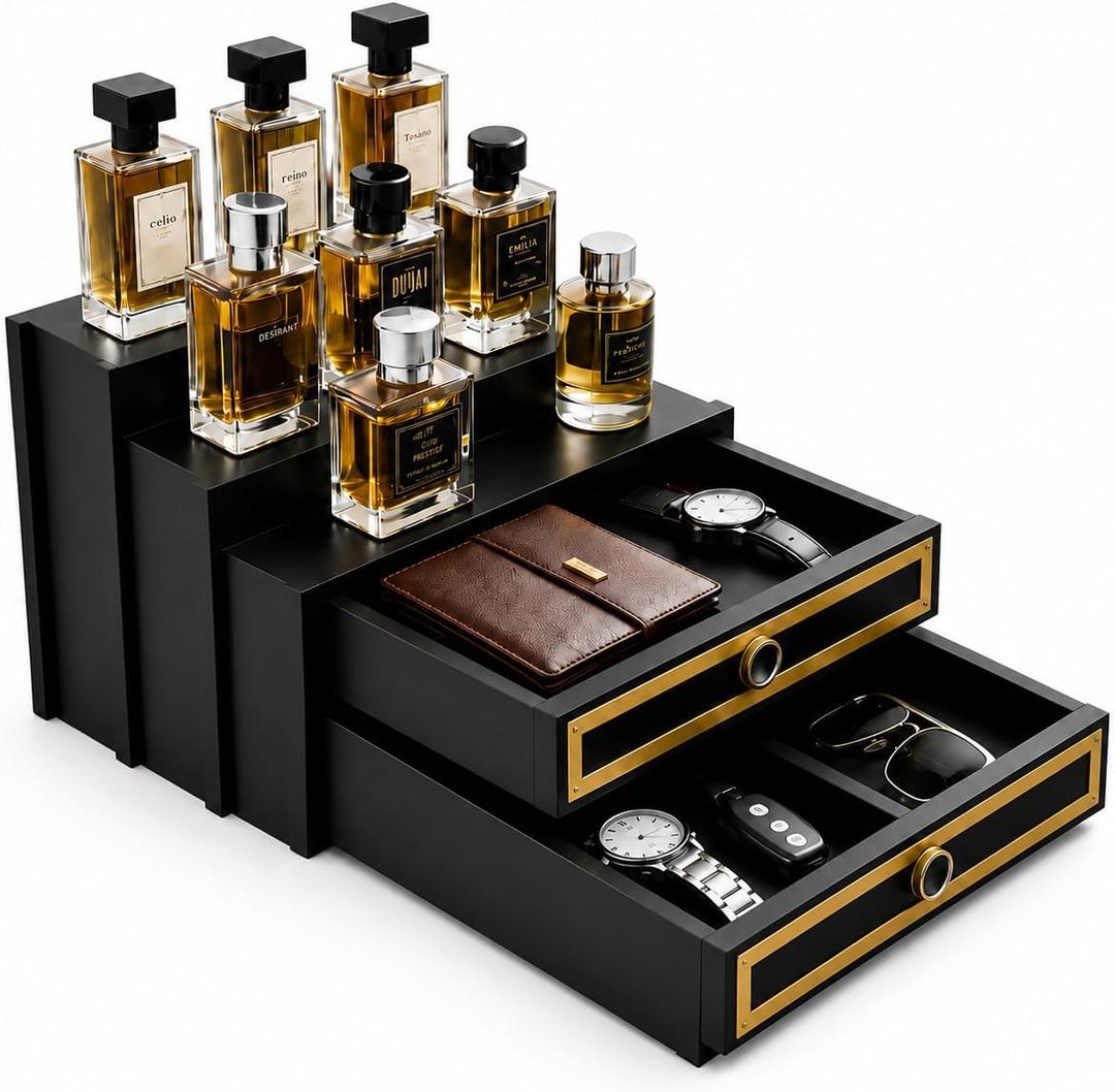 Wooden Cologne Organizer for Men - 4-Tier with 2 Drawer Storage for Watch, Key, Jewelry - Black & Gold Perfume Organizer - Perfume Display Shelf with Accessories holder - Gifts for Men