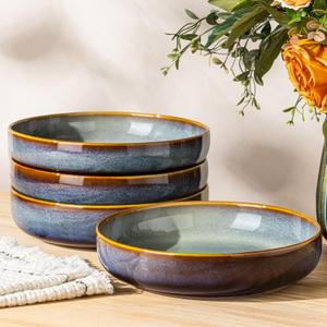 theterra 8.5'' Ceramic Pasta Bowls, Salad Bowls Set of 4, Stoneware Serving Bowls for Fruits, Noodle, Dinner, House-warming Wedding Present, Dusk Blue