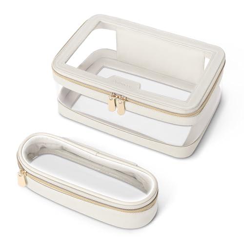 Soimeat Travel Clear Makeup Bag with Makeup Brush Bag, Leather Makeup Case Toiletry Bag, Portable Cosmetic Bag Case, Transparent Waterproof Cosmetic Organizer Storage Bag for Women, Medium, Off-White