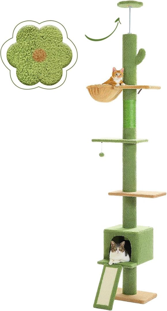 PEQULTI Cat Tree Floor to Ceiling,Cactus Tall Cat Tower, Adjustable Height (83''-108'') 5 Tiers Climbing Tree for Indoor Cats with Cat Condo, Scratching Post and Ladder, Green