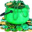 Bylion 5" St Patricks Day Green Plastic Cauldron with 100 Lucky Coins & Bead Necklace, Pot of Gold Pot for Leprechaun Decorations, Green & Gold Coins