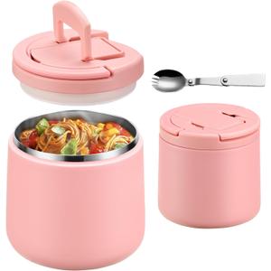 20oz Insulated Vacuum Food Jar with Buckle Lid,Soup Thermo for Hot Food Kids,Wide Mouth Leakproof Stainless Steel Lunch Container with Spoon-Pink