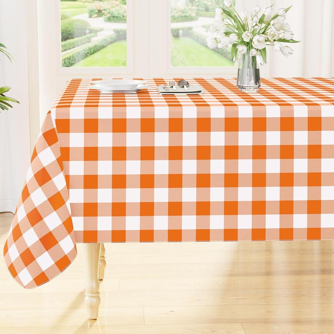 Smiry Rectangle Table Cloth, Waterproof Vinyl Tablecloth with Flannel Backing, Wipeable Buffalo Plaid Table Cover for Picnic, Indoor and Outdoor (Orange & White, 52"x70")