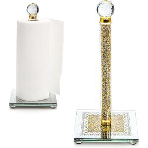 Suwimut Paper Towel Holder, Gold Paper Towel Roll Dispenser Stand Weighted Base Non Slip Filled with Sparkly Crystal Crushed Diamond House Decor for Home Kitchen Countertop Tabletop