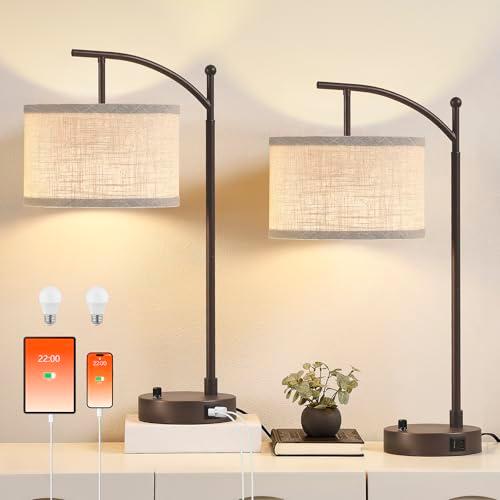 Hikczc Table Lamp for Living Room Bedroom, 23.5" Table Lamps Set of 2 with USB C+A Ports, Bedside Lamps for Nightstand with Linen Lamp Shades, 2 Dimmable LED Bulbs Included, Brown